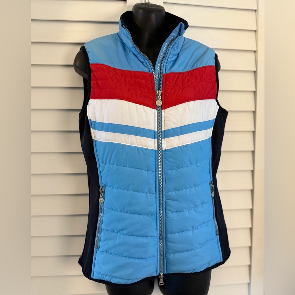 Daily Sports Women’s Vintage 80s Style Blue and Red Puffer Vest Size Small